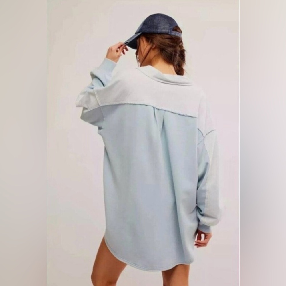 NWT Free People Madeleine Polo Sweatshirt Med Winter Sky Blue $148 Retail Cotton - Picture 3 of 11
